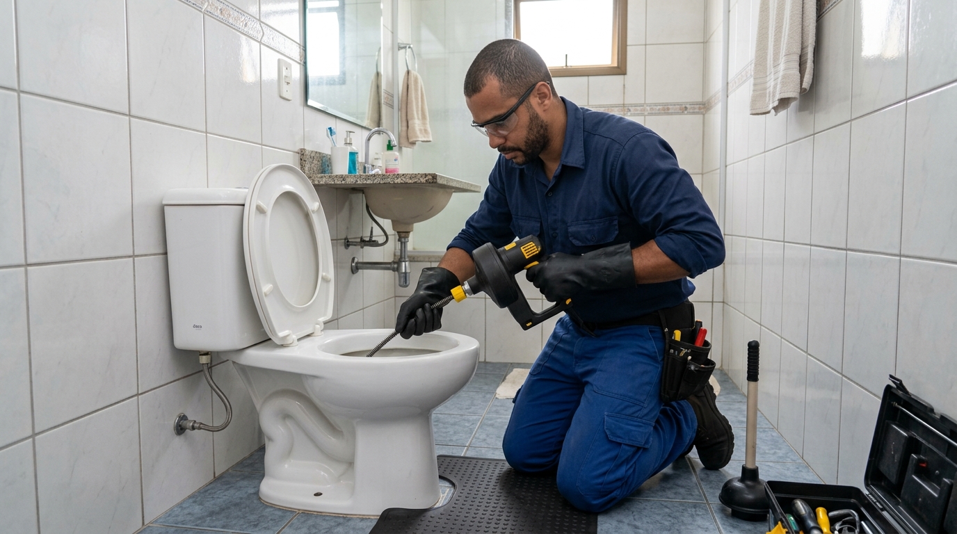 Equipe desentupindo vaso sanitário em Anápolis‑GO