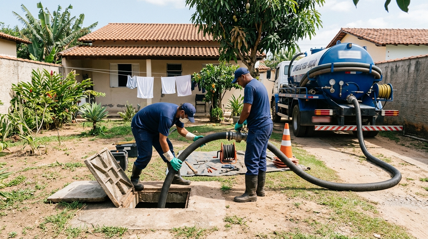 Equipe de limpa fossas atendendo em residência